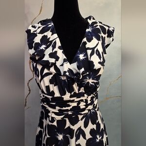 Evan Picone Blue and White Floral Stretch Sleeveless Flutter Neck Midi Dress 4